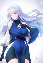  black_gloves blue_dress breasts capelet commentary covered_navel dress elbow_gloves female fingerless_gloves fingernails gloves grey_eyes hair_between_eyes hand_on_own_chest highres ice large_breasts limeblock long_hair long_sleeves looking_at_viewer open_mouth original parted_lips pelvic_curtain sash sharp_fingernails snowflake_print solo thighs very_long_hair white_capelet white_hair 