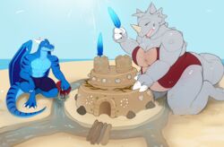  anthro anthrofied beach bulge clothed clothing dia_(tabra) dragon duo female generation_1_pokemon kneeling male muscular muscular_male mythological_creature mythological_scalie mythology nintendo outside overweight overweight_female pig_(artist) pokemon pokemon_(species) rhydon sand_castle scalie sculpture seaside smile swimwear tabra 