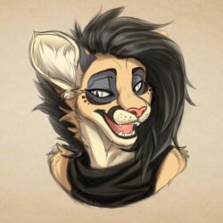  1:1 absurd_res anthro black_hair black_lips bust_portrait clothed clothing felid female fur grey_eyes hair hi_res lips mammal pink_nose portrait pupils sharp_teeth slit_pupils smile solo tan_body tan_fur tartii_(character) teeth tongue yaegerarts 