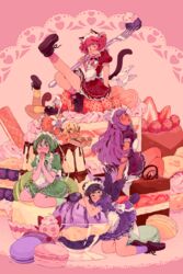  5girls ;p aizawa_mint animal_ears apron bird_tail black_hair black_wings blonde_hair blueberry blush bow braid brown_dress brown_eyes cake cat_ears cat_tail commentary crossed_legs dog_ears dog_tail doily double_bun dress english_commentary feathered_wings fong_pudding food fork frilled_apron frills fruit fujiwara_zakuro glasses green_bow green_dress green_eyes green_hair green_legwear hair_bun headdress heart holding holding_fork ice_cream kneeling leg_up legs_up long_hair lying macaron midorikawa_lettuce momomiya_ichigo multiple_girls on_stomach one_eye_closed orange_dress oversized_food oversized_object own_hands_clasped own_hands_together pink_background pink_bow pink_eyes pink_hair pudding puffy_short_sleeves puffy_sleeves purple_dress purple_eyes purple_hair purple_legwear rii_abrego round_eyewear shoes short_hair short_sleeves sitting socks strawberry tail tokyo_mew_mew tongue tongue_out twin_braids waitress wariza white_apron wings yellow_legwear 