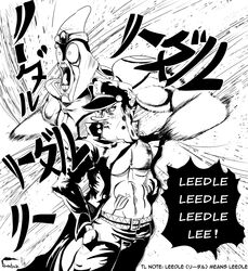  2boys absurdres araki_hirohiko_(style) cosplay cowboy_shot greyscale hands_in_pockets hat highres jojo_no_kimyou_na_bouken kujo_jotaro kujo_jotaro_(cosplay) meme monochrome motion_lines multiple_boys muscular patrick_star rumiatrain sound_effects spatula spongebob_squarepants spongebob_squarepants_(series) stand_(jojo) star_platinum stardust_crusaders translation_note what 