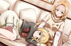  2girls beige_shirt blonde_hair closed_mouth commentary_request couch cushion dated drawing_(object) dutch_angle flower green_eyes hair_flower hair_ornament highres indoors inubouzaki_fuu inubouzaki_itsuki lap_pillow long_hair low_twintails lying multiple_girls on_side pantyhose paw_print sanshuu_middle_school_uniform school_uniform siblings sisters smile translation_request twintails very_long_hair xiaoxin041590 yuuki_yuuna_wa_yuusha_de_aru yuusha_de_aru 