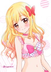  aikatsu!_(series) aikatsu_stars! bikini blonde_hair blush bow breasts choker cleavage collarbone commentary female frilled_bikini frills gem gradient_hair hair_down hairbow heart long_hair looking_at_viewer multicolored_hair navel nijino_yume pink_bikini pink_hair small_breasts smile solo swimsuit tiramisu651 twitter_username upper_body 