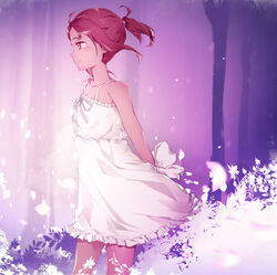  absurdres bad_id bad_pixiv_id blush closed_mouth dress female from_side highres looking_to_the_side petals pink_eyes plant ponytail profile red_hair short_ponytail smile solo standing sundress white_dress wind yoru_kiri yuuki_yuuna yuuki_yuuna_wa_yuusha_de_aru yuusha_de_aru 