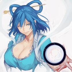  blue_dress blue_eyes blue_hair breasts check_commentary cleavage collarbone commentary_request cropped_torso dress embryo female grey_background hair_between_eyes hair_ornament hair_rings hair_stick highres huge_breasts kaku_seiga looking_at_viewer nuppehofu_(nibuta) puffy_short_sleeves puffy_sleeves shawl short_hair short_sleeves simple_background smile solo touhou upper_body vest white_vest 