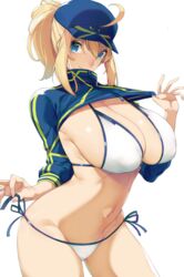  ahoge artoria_pendragon_(fate) bad_proportions baseball_cap bikini blonde_hair blue_eyes blue_hat blue_jacket breasts covered_nipples cowboy_shot cropped_jacket fate/grand_order fate_(series) female hair_between_eyes hair_through_headwear hat highres jacket kamaboko_(ossann0125) large_breasts mysterious_heroine_xx_(fate) navel ponytail shrug_(clothing) side-tie_bikini_bottom smile solo swimsuit thigh_strap twinmyniad_(fate) white_background white_bikini zipper_pull_tab 