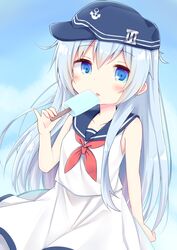  absurdres anchor_symbol blue_eyes blue_hair blue_hat blue_sailor_collar blue_sky blush closed_mouth cloud commentary_request day esureki female flat_cap food hair_between_eyes hand_up hat hibiki_(kancolle) highres holding holding_food kantai_collection long_hair neckerchief outdoors popsicle red_neckerchief sailor_collar shirt skirt sky sleeveless sleeveless_shirt solo tongue tongue_out very_long_hair white_shirt white_skirt 