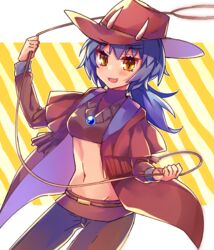  belt blue_hair commentary_request cowboy_western dark_skin fate/grand_order fate_(series) female hat lasso learning_with_manga!_fgo long_hair looking_at_viewer midriff navel ohitashi_netsurou riyo_servant_(bronco)_(fate) slit_pupils smile yellow_eyes 