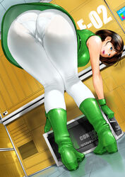  ass bent_over blue_eyes boots breasts brown_hair commentary_request dress dutch_angle emma_sheen english_text female from_behind full_body gloves green_dress green_footwear green_gloves gundam indoors kneepits looking_at_viewer looking_back open_mouth panties panties_under_pantyhose pantyhose parted_bangs pigeon-toed reflection shinobu_(tyno) short_hair solo standing underwear white_pantyhose zeta_gundam 