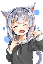  animal_ears blush cat_ears cat_girl cat_tail closed_eyes collarbone commentary_request drawstring facing_viewer female grey_hair grey_hoodie hands_up highres hood hood_down hoodie hot long_sleeves oerba_yun_fang open_mouth original solo sora_(silent_square) sweat tail tail_raised tsugumi-chan_(sora) upper_body white_background 