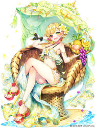  banana bangle bikini bracelet braid breasts cleavage commentary_request company_name crossed_legs dated earrings female flower food fruit full_body grapes green_eyes green_umbrella hair_flower hair_ornament heterochromia holding holding_food holding_fruit jewelry looking_at_viewer medium_breasts navel oerba_yun_fang official_art open_mouth parasol peach pineapple red_eyes renta_(deja-vu) sand shironeko_project short_hair simple_background sitting solo swimsuit umbrella water white_background wicker_furniture 