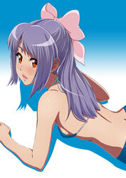  back bikini blue_background brown_eyes commentary_request female from_side gakkou_no_kaidan_(anime) koigakubo_momoko light_purple_hair lips long_hair looking_at_viewer looking_back lying on_stomach open_mouth simple_background solo swimsuit white_background yuki_(12cut) 