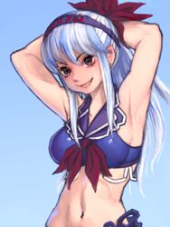  adapted_costume alpha_signature armpits arms_behind_head arms_up bare_shoulders bikini blue_background blue_bikini blue_hairband breasts brown_eyes commentary_request envenomist_(gengoroumaru) female grin hair_between_eyes hair_ribbon hairband head_tilt kamishirasawa_keine large_breasts long_hair navel no_headwear one-hour_drawing_challenge red_ribbon ribbon sidelocks simple_background smile solo stomach swimsuit touhou upper_body white_hair 