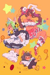  3girls :d ahoge animal_ears animal_hands animal_hat ankle_lace-up apron artist_name bare_shoulders bell black_dress blush bow breasts brown_hair cat_ears cat_hat cat_tail cleavage closed_mouth commentary cross-laced_footwear crossed_arms dejiko di_gi_charat dice dice_hair_ornament dress english_commentary frilled_skirt frills gema gloves green_eyes green_hair hair_ornament hairbow hat jingle_bell kneehighs long_hair looking_at_viewer maid_apron multiple_girls open_mouth orange_background paw_gloves paw_shoes pink_bow pink_footwear pink_skirt puchiko puffy_short_sleeves puffy_sleeves rabbit_ears rii_abrego shirt shoes short_hair short_sleeves skirt smile socks star_(symbol) tail tiger_ears tiger_tail twintails usada_hikaru white_apron white_legwear white_shirt 