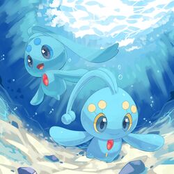  1:1 ambiguous_gender antennae_(anatomy) better_version_at_source blue_body blue_eyes blue_skin bubble digital_media_(artwork) duo generation_4_pokemon hi_res legendary_pokemon manaphy nintendo open_mouth phione plattyneko pokemon pokemon_(species) seabed smile underwater water 