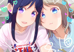  2girls birthday blue_eyes blue_hair collarbone commentary_request dated grey_hair heart kitahara_tomoe_(kitahara_koubou) long_hair looking_at_viewer love_live! love_live!_sunshine!! matsuura_kanan multiple_girls purple_eyes saitou_shuka shirt short_hair short_sleeves sidelocks suwa_nanaka t-shirt twitter_username voice_actor_connection watanabe_you 