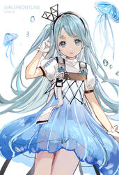  ads_(girls&#039;_frontline) black_hairband blue_dress blue_eyes blue_hair character_name commentary copyright_name dress female girls&#039;_frontline gloves hairband hand_up highres jellyfish long_hair looking_at_viewer one_side_up parted_lips puffy_short_sleeves puffy_sleeves rero_(bigdoorbig2) shirt short_sleeves simple_background solo thick_eyebrows very_long_hair white_background white_gloves white_shirt 