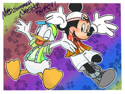  2012 4:3 4_fingers aloha_shirt anatid anseriform anthro avian backwards_baseball_cap backwards_hat baseball_cap bird black_nose border bottomless bottomwear chico110 clothed clothing digital_media_(artwork) disney donald_duck duck duo english_text feathers fingers gloves handwear hat headgear headwear looking_at_viewer male mammal mickey_mouse mouse murid murine one_eye_closed open_mouth open_smile pattern_background pattern_clothing pattern_shirt pattern_topwear rodent round_ears shirt shorts simple_background smile t-shirt text topwear white_body white_border white_clothing white_feathers white_gloves white_handwear wink 