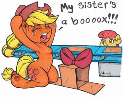  2019 accessory apple_bloom_(mlp) applejack_(mlp) bow_(feature) bow_accessory box cardboard cardboard_box clothing container cowboy_hat duo earth_pony english_text equid equine female feral friendship_is_magic hair hasbro hat headgear headwear hi_res horse latecustomer mammal my_little_pony pony ribbons sibling_(lore) simple_background sister_(lore) sisters_(lore) text trolling white_background 