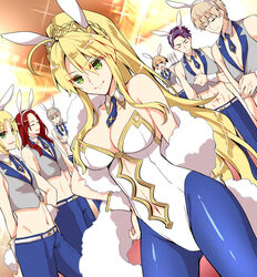  3girls 4boys abs ahoge animal_ears artoria_pendragon_(fate) artoria_pendragon_(swimsuit_ruler)_(fate) asazuki_norito bare_shoulders bedivere_(fate) belt blonde_hair blue_eyes blue_necktie blue_pants blue_pantyhose braid breasts champagne_flute cleavage closed_eyes closed_mouth clothing_cutout collarbone commentary_request cup detached_collar drinking_glass fate/apocrypha fate/extra fate/grand_order fate_(series) french_braid gareth_(fate) gawain_(fate) green_eyes grey_hair grey_vest hair_between_eyes hairband highres knights_of_the_round_table_(fate) lancelot_(fate/grand_order) large_breasts leotard long_hair looking_at_viewer male_playboy_bunny midriff mordred_(fate) mordred_(fate/apocrypha) multiple_boys multiple_girls navel navel_cutout necktie open_mouth pants pantyhose photoshop_(medium) playboy_bunny purple_hair rabbit_ears red_hair short_hair sidelocks smile sparkle spiked_hair thighs tiara tristan_(fate) vest white_leotard wrist_cuffs 