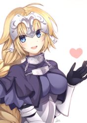  2017 :d ahoge armor artist_name black_gloves blonde_hair blue_eyes braid breasts capelet chains commentary_request dated eyes_visible_through_hair fate/apocrypha fate_(series) female gloves hand_up headpiece heart highres jeanne_d&#039;arc_(fate) jeanne_d&#039;arc_(ruler)_(fate) long_hair medium_breasts misora_deco open_mouth purple_capelet simple_background single_braid smile solo teeth underbust upper_body very_long_hair white_background 