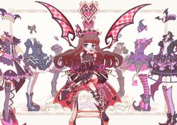  asymmetrical_legwear bad_id bad_twitter_id black_shorts blue_eyes bow brown_hair closed_mouth commentary corset crinoline cross-laced_footwear crossed_legs crown demon_wings detached_sleeves dress fang_out female fingernails frills full_body hairband hat head_rest head_wings highres juliet_sleeves kurosu_aroma lace lolita_fashion lolita_hairband long_fingernails long_hair long_sleeves looking_at_viewer oerba_yun_fang pointy_footwear pretty_series pripara puffy_short_sleeves puffy_sleeves ruru_ashihara short_sleeves shorts sitting sleeveless smile solo thigh_strap thighhighs throne wings witch_hat 