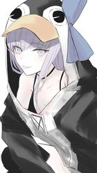  :p animal_costume animal_hood bad_id bad_twitter_id blue_eyes bra_strap collarbone fate/grand_order fate_(series) female hair_ribbon highres hood hood_up hoodie ka1se1 long_hair looking_at_viewer meltryllis_(fate) meltryllis_(swimsuit_lancer)_(fate) meltryllis_(swimsuit_lancer)_(first_ascension)_(fate) oversized_clothes penguin_costume purple_hair ribbon simple_background solo tongue tongue_out white_background 