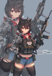  absurdres animal animal_ears assault_rifle brown_hair commission female fn_fnc foregrip gloves gun highres holster magazine_(weapon) original pindad_ss2 red_eyes rifle scope shorts solo syaha thighhighs trigger_discipline weapon 