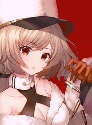  bad_id bad_pixiv_id bare_shoulders braid braided_bangs breasts brown_hair cleavage collarbone commentary dress female fur-trimmed_dress fur-trimmed_sleeves fur_hat fur_trim girls&#039;_frontline gloves hand_up hat kord_(girls&#039;_frontline) long_hair long_sleeves looking_at_viewer low_ponytail medium_breasts off-shoulder_dress off_shoulder orange_gloves parted_lips photoshop_(medium) ponytail red_background red_eyes simple_background solo white_dress white_hat wide_sleeves zain_(jiha3905) 