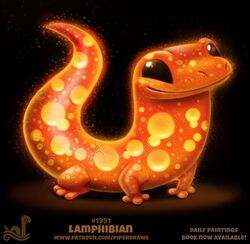  2018 ambiguous_gender amphibian black_background black_eyes digital_media_(artwork) digital_painting_(artwork) english_text feral glowing glowing_body humor lamp mythological_creature mythological_salamander mythological_scalie mythology orange_body piper_thibodeau pun salamander scalie simple_background smile solo text url visual_pun white_background yellow_body 