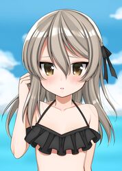  bikini black_bikini blue_sky blurry blurry_background blush brown_eyes cloud cloudy_sky commentary_request day depth_of_field female frilled_bikini frills girls_und_panzer hair_ribbon hand_in_own_hair light_brown_hair light_frown long_hair looking_at_viewer one_side_up outdoors parted_lips ribbon ruruepa shimada_arisu sky solo swimsuit 