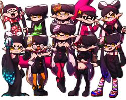  +_+ 1980s_(style) aged_down ankle_boots bead_necklace beads beanie belt black_belt black_dress black_footwear black_gloves black_hair black_jumpsuit black_pants black_shirt boots butterfly_net callie_(splatoon) carrying_over_shoulder claw_pose closed_mouth commentary crop_top crossed_arms crown dark_persona detached_collar dress earrings fangs female food food_art food_on_head formal frown glasses gloves green_vest grin groucho_glasses hairband hand_net hand_on_own_hip hat hat_ornament headgear hero_roller_(splatoon) holding holding_weapon inkling japanese_clothes jewelry jumpsuit kimono long_dress long_hair long_sleeves looking_at_viewer loose_socks mole mole_under_eye multicolored_stripes multiple_persona navel necklace object_on_head off-shoulder_shirt off_shoulder open_mouth orange_headwear orange_legwear over_shoulder pants pantyhose party_horn pink_hairband pink_scrunchie pointy_ears purple_headwear purple_shirt red_kimono red_legwear retro_artstyle scrunchie shirt short_jumpsuit simple_background sitting sleeveless sleeveless_shirt sleeves_past_fingers sleeves_past_wrists smile socks spiked_belt splatoon_(series) splatoon_1 splatoon_2 squidbeak_splatoon standing star_(symbol) star_hat_ornament strapless striped_clothes striped_socks sunglasses sushi symbol-only_commentary tako-san_wiener tentacle_hair very_long_hair vest waving weapon weapon_over_shoulder white_background white_gloves wuju_(1198979953) yellow_eyes 