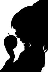  absurdres apple bad_apple!! female food from_side fruit greyscale hakurei_reimu highres holding holding_food holding_fruit hungry_clicker monochrome open_mouth profile silhouette solo touhou upper_body 