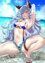  akagi_rio animal_ears aqua_shorts arms_behind_head beach bikini bird blue_bikini blue_hair blue_sky blush breasts cloud commentary_request day earrings erune female ferry_(granblue_fantasy) frown granblue_fantasy groin hoop_earrings jewelry linked_bikini long_hair looking_at_viewer messy_hair navel ocean open_fly open_mouth outdoors revealing_clothes short_shorts shorts sidelocks signature single_earring sky small_breasts solo squatting stomach sunlight swimsuit thighs wading wavy_hair wet yellow_eyes 