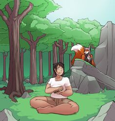  2019 anthro black_hair bottomwear breasts canid canine closed_eyes clothing detailed_background duo eating female forest fox hair hi_res human lunate male mammal outside plant quix_(species) rock shirt shorts sitting snicket_(lunate) standing story story_in_description topwear tree 