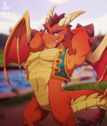  2019 activision anthro bedroom_eyes bovid_horn caprine_horn clothed clothing conditional_dnp delbin_(spyro) dragon flexing goat_horn half-closed_eyes hands_behind_head hi_res horn looking_at_viewer male membrane_(anatomy) membranous_wings muscular muscular_anthro muscular_male mythological_creature mythological_scalie mythology narrowed_eyes navel open_clothing open_topwear open_vest pose red_body red_scales rescued_dragons_(spyro) scales scalie seductive smile smirk solo spiked_tail spikes spikes_(anatomy) spyro_reignited_trilogy spyro_the_dragon tail topwear vest wings xnirox 