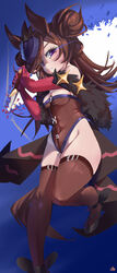  alternate_costume animal_ears blue_flower blue_hat blue_rose brown_hair brown_leotard brown_thighhighs chinese_commentary dagger double_bun female flower hair_bun hair_over_one_eye hat hat_flower highres horse_ears horse_girl horse_tail keyfanjun knife leotard long_hair purple_eyes rice_shower_(umamusume) rose solo tail thighhighs tilted_headwear umamusume weapon 