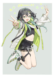  :d arm_up black_hair black_shirt black_skirt braid breasts commentary commission crop_top double_v english_commentary female full_body green_eyes green_hair green_nails grey_background hair_between_eyes highres indie_virtual_youtuber jacket kitada_mo looking_at_viewer midriff multicolored_hair nail_polish navel open_clothes open_jacket outstretched_arms pleated_skirt roller_shoes saki.exe shirt shoes skeb_commission skirt small_breasts smile solo star_(symbol) streaked_hair thick_eyebrows translation_request two-tone_background v virtual_youtuber white_background white_footwear white_jacket 