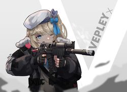  aiming beret black_gloves black_jacket blonde_hair blue_bow blue_eyes bow commentary commission english_commentary female finger_on_trigger fingerless_gloves gar32 girls&#039;_frontline girls&#039;_frontline_2:_exilium gloves grey_shirt gun hairbow hat heart highres holding holding_gun holding_weapon jacket one_eye_closed one_side_up open_clothes open_jacket shell_casing shirt solo upper_body vepley_(girls&#039;_frontline_2) vepr-12 weapon white_hat 