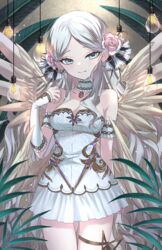  angel angel_wings blue_eyes chocolate4170615 closed_mouth dress facing_viewer feathered_wings female flower grey_hair hair_flower hair_ornament highres leaf light_bulb original pink_flower pink_rose rose short_dress smile solo thigh_strap white_dress wings 