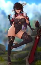  beidou_(genshin_impact) black_gloves black_hair blackcliff_slasher_(genshin_impact) blurry blurry_background boots breasts capelet cleavage eyepatch female fingerless_gloves genshin_impact gloves hair_ornament hair_over_one_eye hair_stick high_heel_boots high_heels highleg highleg_leotard large_breasts leotard lips long_hair looking_at_viewer one_eye_covered ottomarr outdoors red_eyes solo sword thigh_boots weapon 