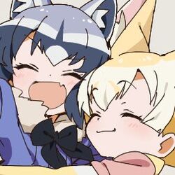  2girls animal_ears blonde_hair blue_shirt close-up closed_eyes commentary common_raccoon_(kemono_friends) fennec_(kemono_friends) fox_ears fur-trimmed_shirt fur_trim grey_hair kemono_friends lowres multiple_girls oerba_yun_fang open_mouth protected_link raccoon_ears satou_asuka shirt short_sleeves skin_fang smile v-shaped_eyebrows 