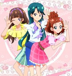  3girls amanogawa_kirara aqua_eyes ascot bangs bare_shoulders belt blue_eyes blue_skirt blunt_bangs braid brown_hair dark_green_hair dress earrings flower frilled_dress frills go!_princess_precure hair_flower hair_ornament hairband haruno_haruka jewelry kaidou_minami long_hair low_twintails masako_(sabotage-mode) multiple_girls necklace off-shoulder_shirt off_shoulder official_style orange_hair perfume plaid plaid_skirt precure purple_eyes purple_hairband shirt shorts sidelocks skirt star_(symbol) star_earrings striped striped_shorts twintails white_shirt 