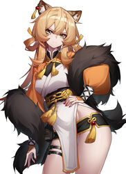  absurdres animal_ear_fluff animal_ears arknights black_shorts blonde_hair closed_mouth cowboy_shot dress du_yaoye_(arknights) ear_piercing feather_boa female hair_between_eyes hair_rings hand_on_own_hip highres iku!_iku!! long_hair long_sleeves looking_at_viewer nail_polish pelvic_curtain piercing puffy_long_sleeves puffy_sleeves red_nails shorts simple_background solo standing tassel tiger_ears v-shaped_eyebrows white_background white_dress yellow_eyes 