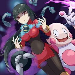  bent_spoon black_bodysuit black_hair blunt_bangs bodysuit breasts closed_mouth commentary crop_top female floating floating_object gastly gloves highres long_hair long_sleeves looking_at_viewer mr._mime pencil_skirt poke_ball pokemon pokemon_(creature) pokemon_frlg pon_yui red_eyes red_skirt sabrina_(pokemon) shaded_face side_slit skirt spoon telekinesis turtleneck ultra_ball very_long_hair white_gloves yellow_legwear 