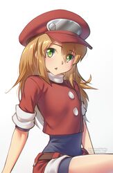  bike_shorts bike_shorts_under_shorts blonde_hair blush cabbie_hat commentary cropped_jacket female green_eyes hair_between_eyes hat jacket long_hair looking_at_viewer mega_man_(series) mega_man_legends_(series) open_mouth priestessshizuka red_jacket red_shorts roll_caskett_(mega_man) short_sleeves shorts simple_background sitting solo white_background 