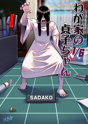  barefoot black_hair black_nails blurry blurry_background claw_pose cutting_mat desk english_text facing_viewer female fingernails full_body hair_over_eyes highres hobby_knife legs_apart long_hair marker mini_person minigirl model_kit open_mouth pale_skin pen ryuusei_(mark_ii) screw signature solo standing teeth the_ring toenails tweezers very_long_hair wide_sleeves yamamura_sadako 