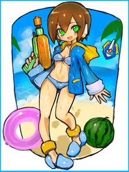  aile_(mega_man_zx) alternate_costume beach bikini biometal blue_bikini blue_sky blush brown_hair cloud commentary dakusuta day female food fruit full_body green_eyes hair_between_eyes highres holding holding_water_gun innertube mega_man_(series) mega_man_zx model_l_(mega_man) open_mouth robot_ears short_hair sky solo summer swim_ring swimsuit water_gun watermelon 