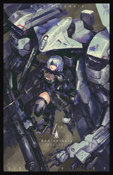  2b_(nier:automata) absurdres anniversary blindfold breasts cleavage_cutout clothing_cutout copyright_name dated female flight_unit_ho229 gun highres holding holding_gun holding_sword holding_weapon katana looking_up mecha medium_breasts mole mole_under_mouth nier:automata nier_(series) open_hand open_mouth robot science_fiction sword thighhighs weapon white_hair yutori_(clockwork_chicken) 