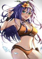  backlighting bare_shoulders bikini blue_hair blush breasts cleavage collarbone cowboy_shot female fire_emblem fire_emblem:_path_of_radiance fire_emblem_heroes flower green_eyes hair_between_eyes hair_flower hair_ornament hairband headband highres long_hair looking_at_viewer medium_breasts mia_(fire_emblem) mia_(summer)_(fire_emblem) navel nekolook open_mouth orange_bikini smile solo standing stomach swimsuit teeth thighs tongue water white_hairband wristband 